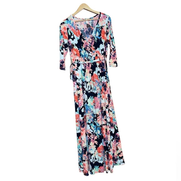•PINK BLUSH•COLORFUL FLORAL V NECK 3/4 SLEEVE TRUE MAXI DRESS WITH SASH SIZE XL - Picture 10 of 10